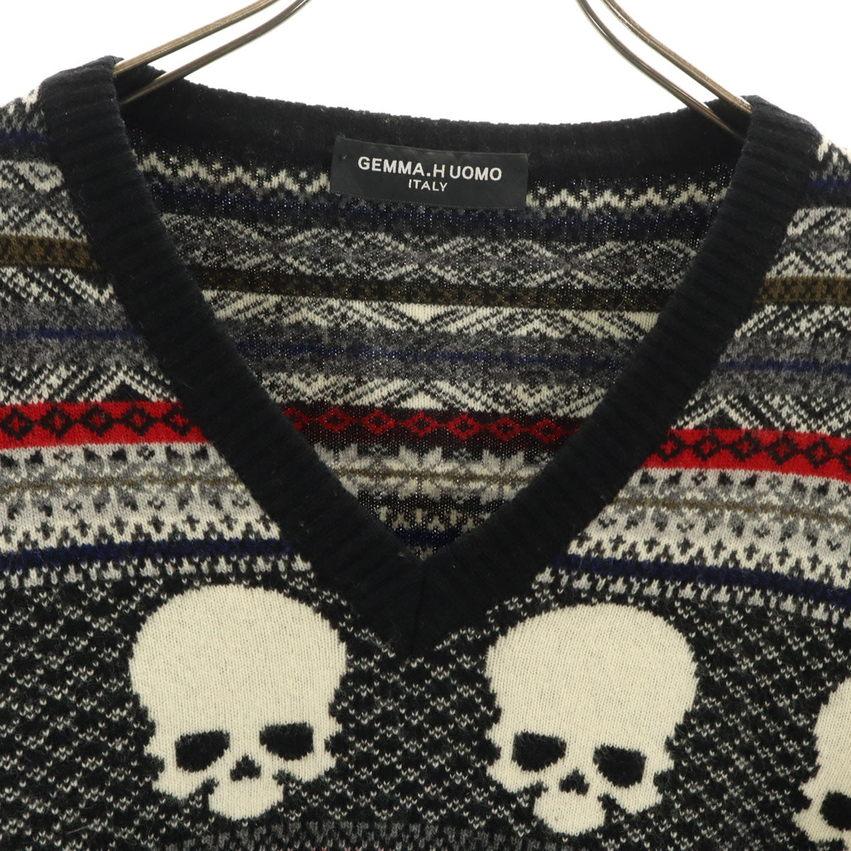 GEMMA.H UOMO ジャンマアッカウォモ イタリア製 ウール 総柄 長袖 Vネック セーター L ブラック系 ニット ドクロ メンズ
