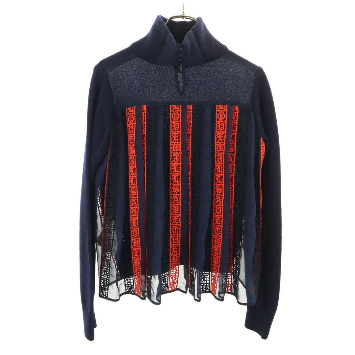 Sacai サカイ 日本製 長袖 プリーツ切替 ニット 1 ネイビー レディース