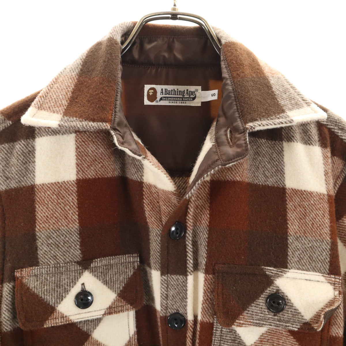 A BATHING APE アベイシングエイプ 日本製 チェック柄 長袖 ウールシャツ S ブラウン エルボーパッチ メンズ