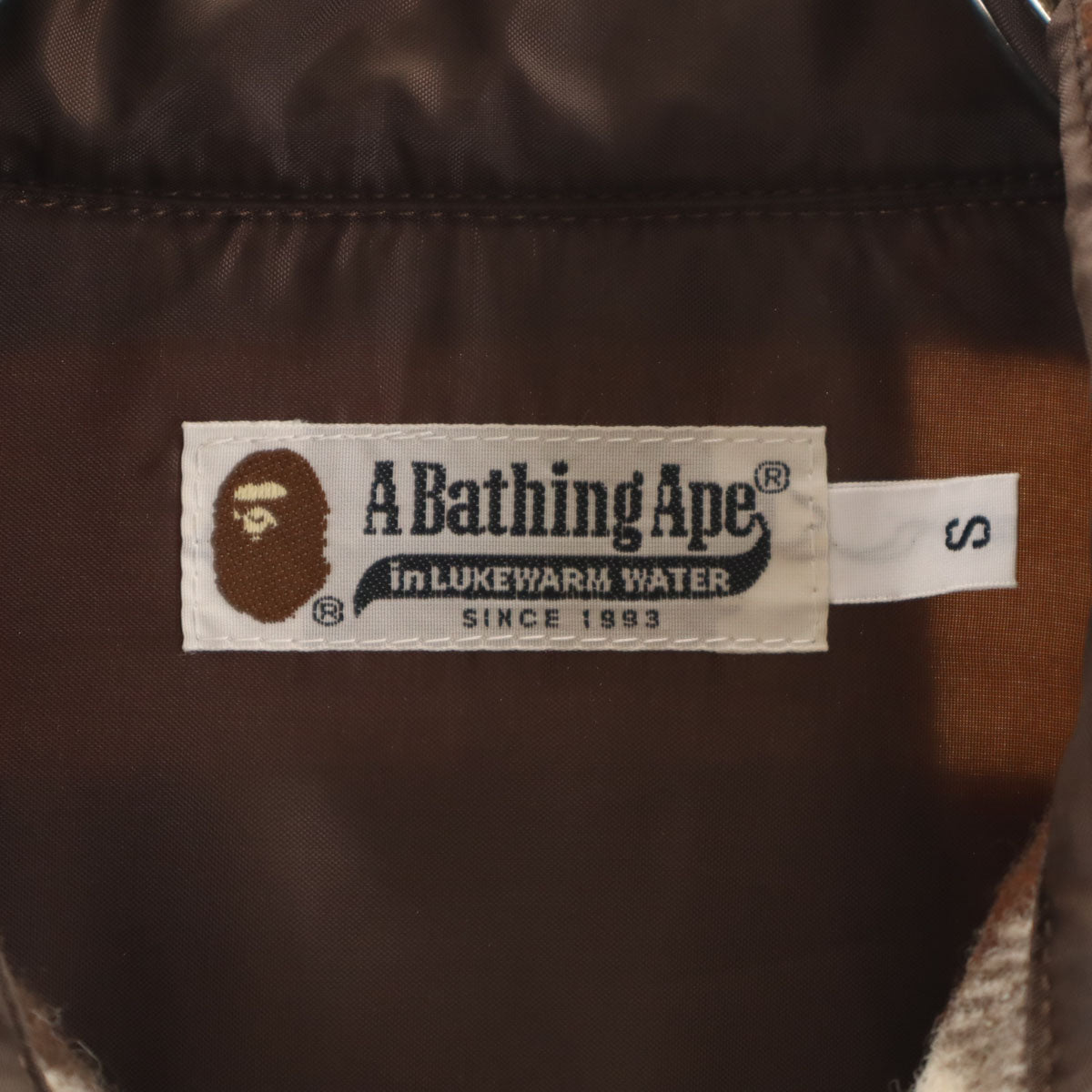 A BATHING APE アベイシングエイプ 日本製 チェック柄 長袖 ウールシャツ S ブラウン エルボーパッチ メンズ