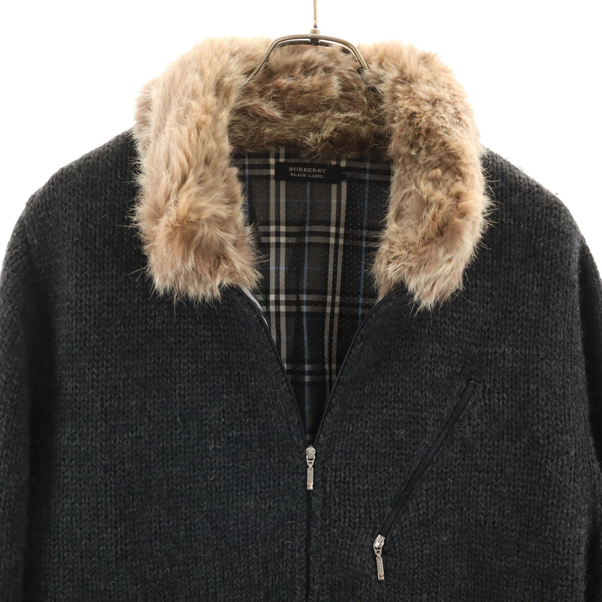 BURBERRY BLACK LABEL バーバリーブラックレーベル ラビットファー付き ニットジャケット 2 チャコールグレー 三陽商会 メンズ
