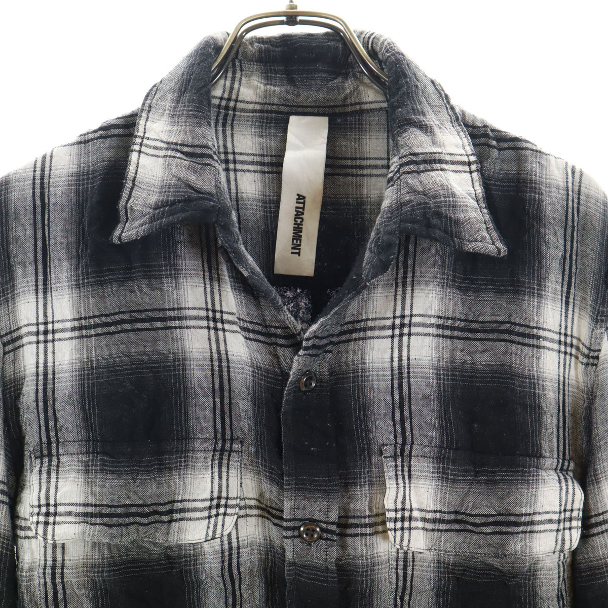 ATTACHMENT アタッチメント チェック柄 長袖 シワ加工 シャツ 1 ブラック メンズ