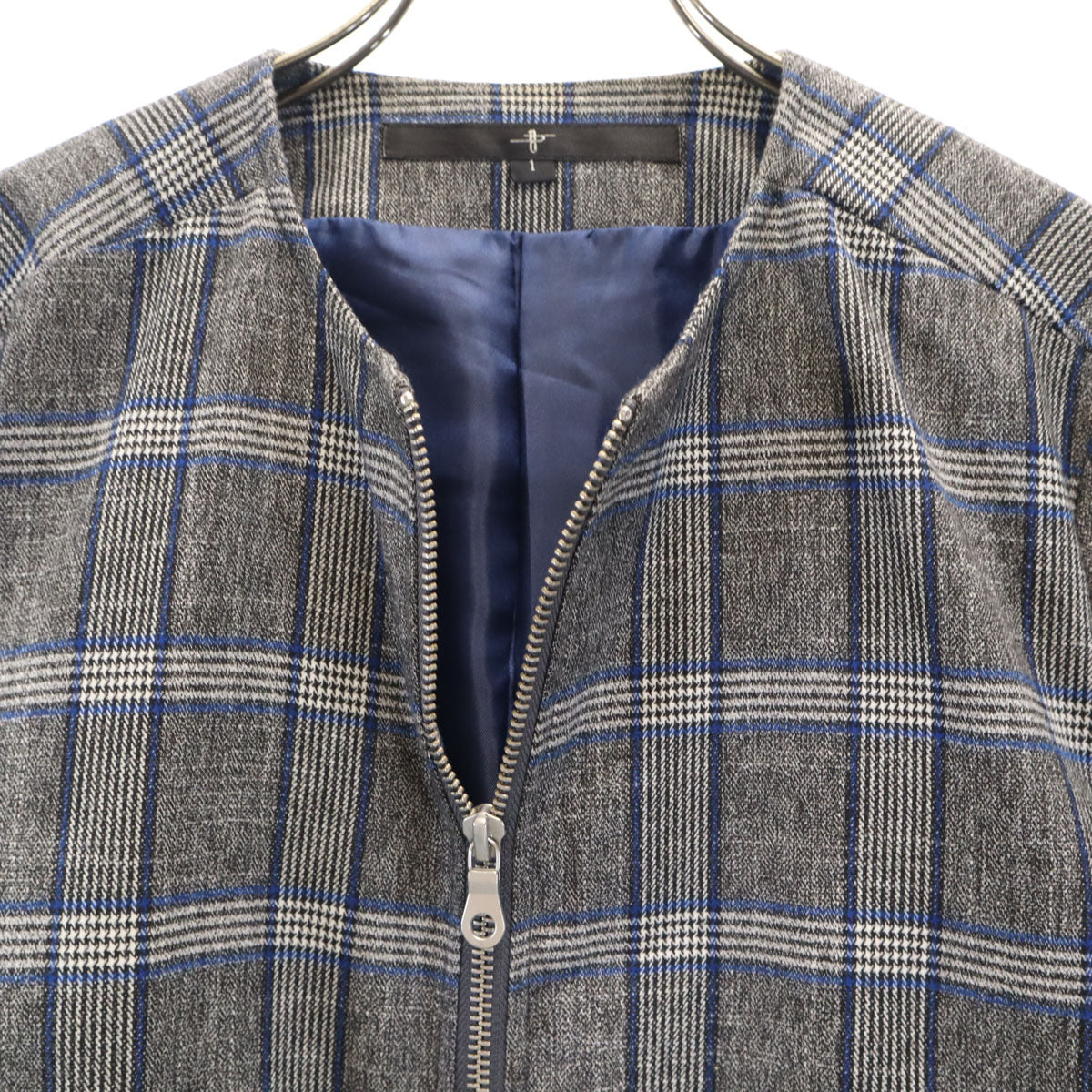 NO ID ノーアイディー グレンチェック ノーカラー ブルゾン 1 グレー ジャケット メンズ