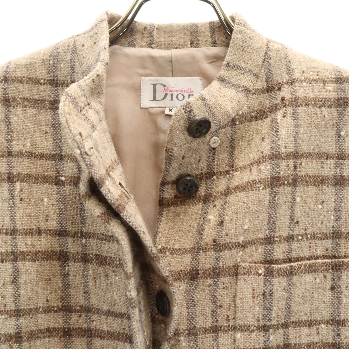 Mademoiselle Dior マドモアゼル ディオール 90s オールド チェック柄 ネップ ツイードジャケット M ベージュ レディース