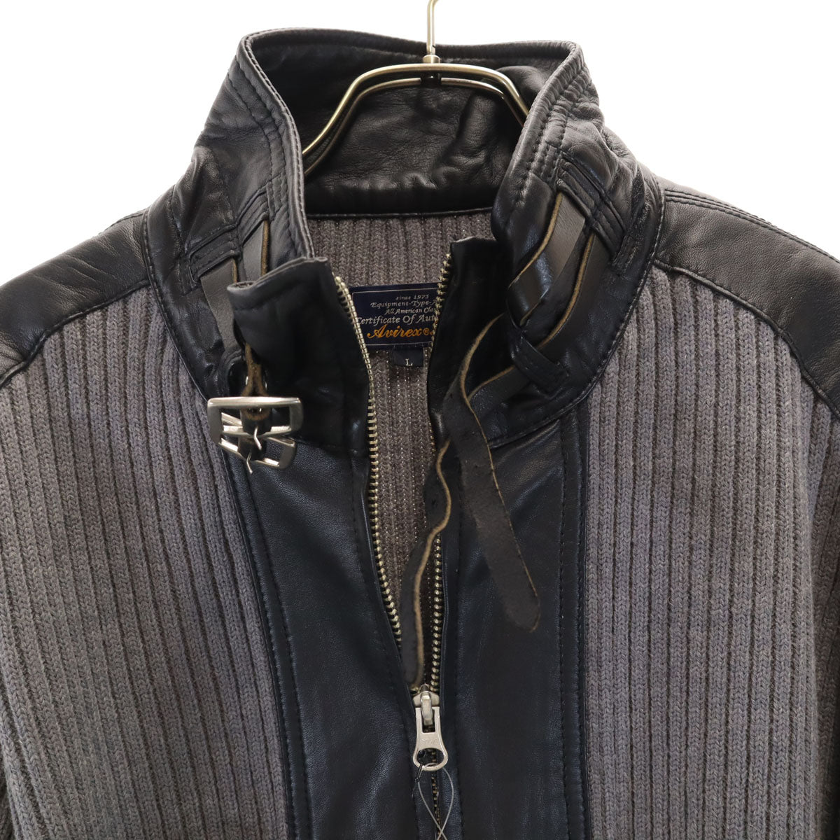 AVIREX アヴィレックス 長袖 切替 ラムレザー カーディガン L グレー ニット メンズ