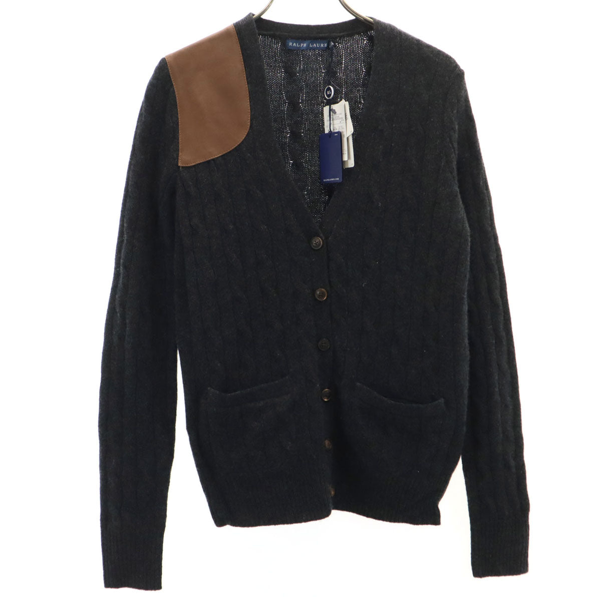 未使用 RALPH LAUREN ラルフローレン カシミヤブレンド 長袖 Vネック ニットカーディガン M チャコールグレー ケーブル レディース