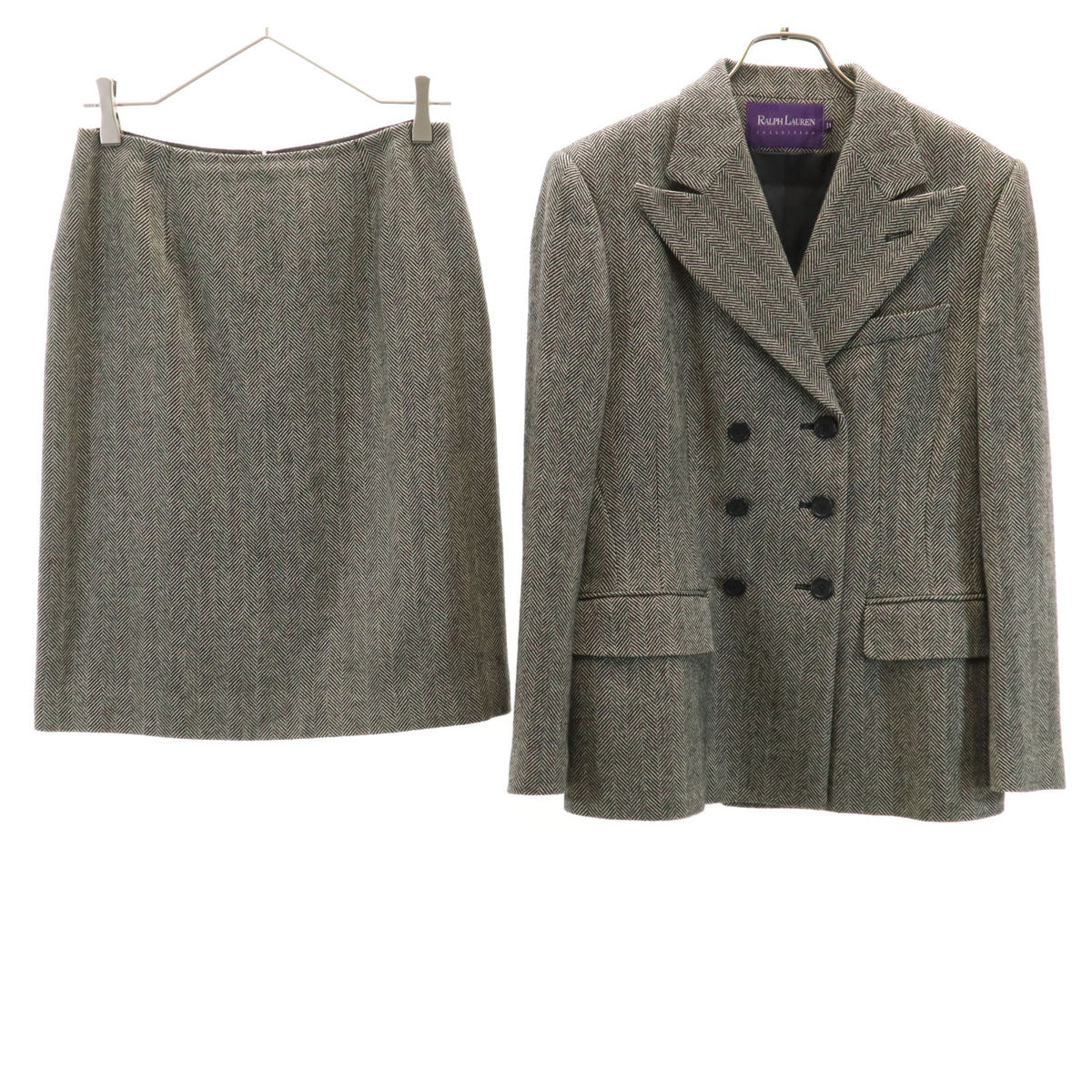 RALPH LAUREN COLLECTION ラルフローレン コレクション ヘリンボーン ダブルブレスト スカートスーツ 上下 セットアップ 11 グレージュ レディース