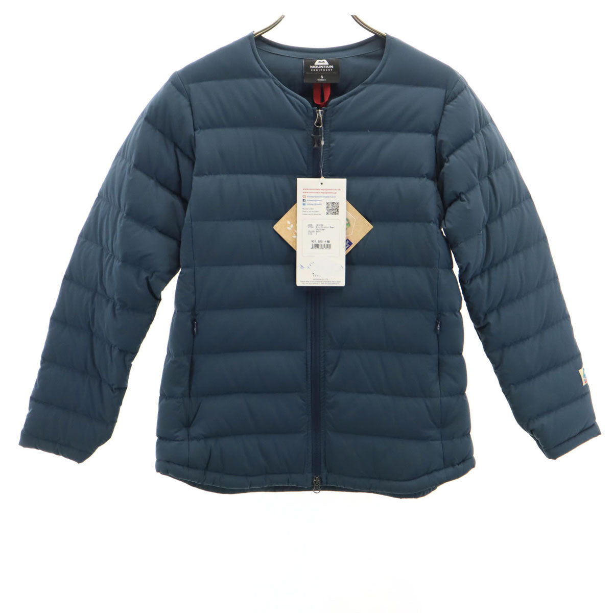 未使用 MOUNTAIN EQUIPMENT マウンテンイクイップメント ノーカラー ダウンジャケット S ネイビー 収納袋付き レディース