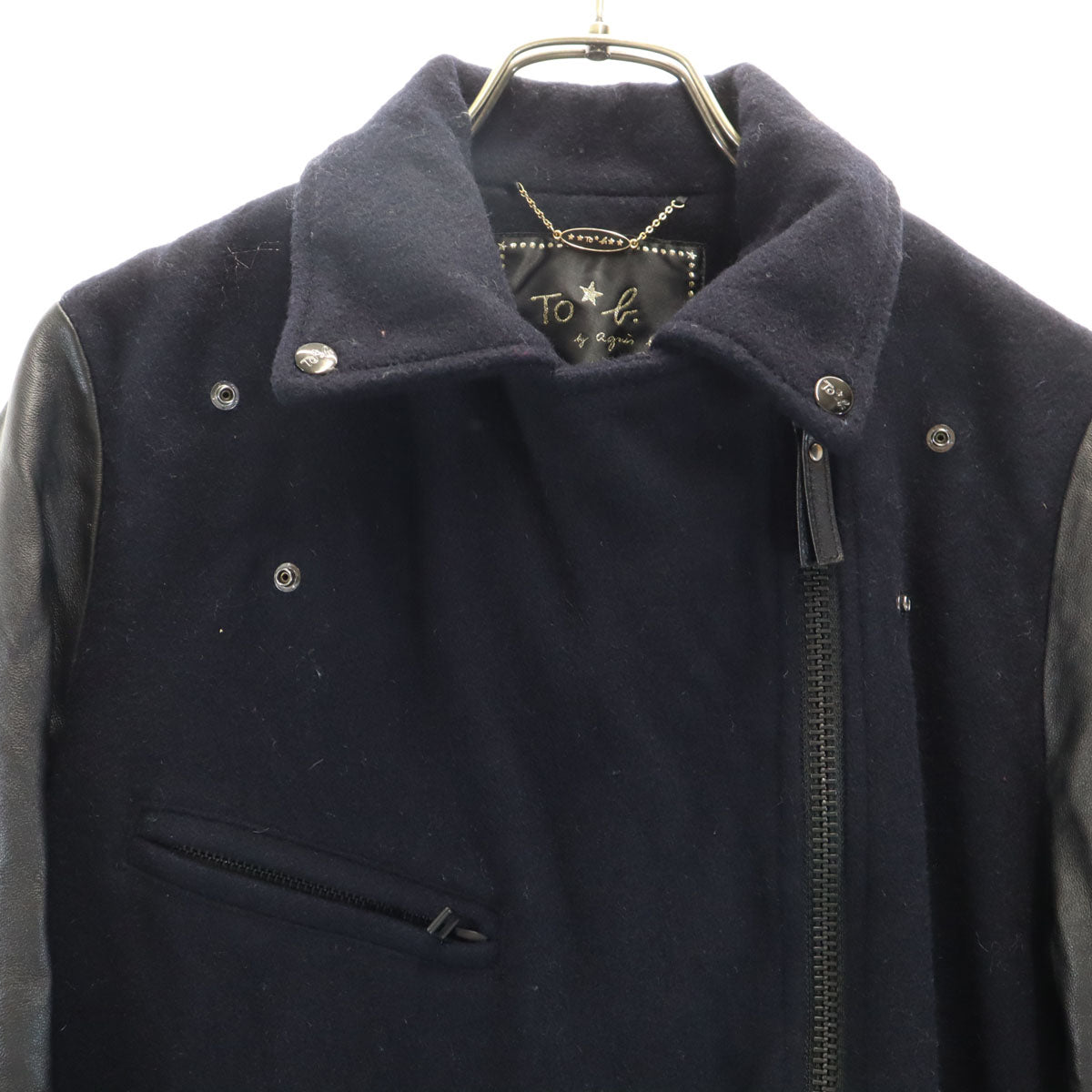 To b. by agns b トゥービーバイアニエスベー 羊革レザー切替 メルトン ダブルライダースジャケット 36 ネイビー 裏キルティング 中綿 レディース