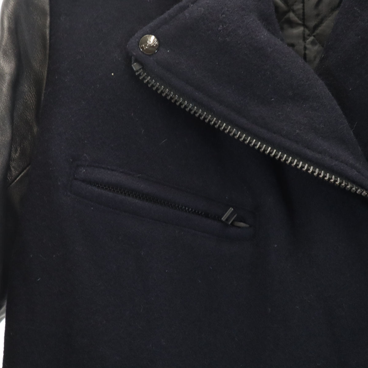 To b. by agns b トゥービーバイアニエスベー 羊革レザー切替 メルトン ダブルライダースジャケット 36 ネイビー 裏キルティング 中綿 レディース