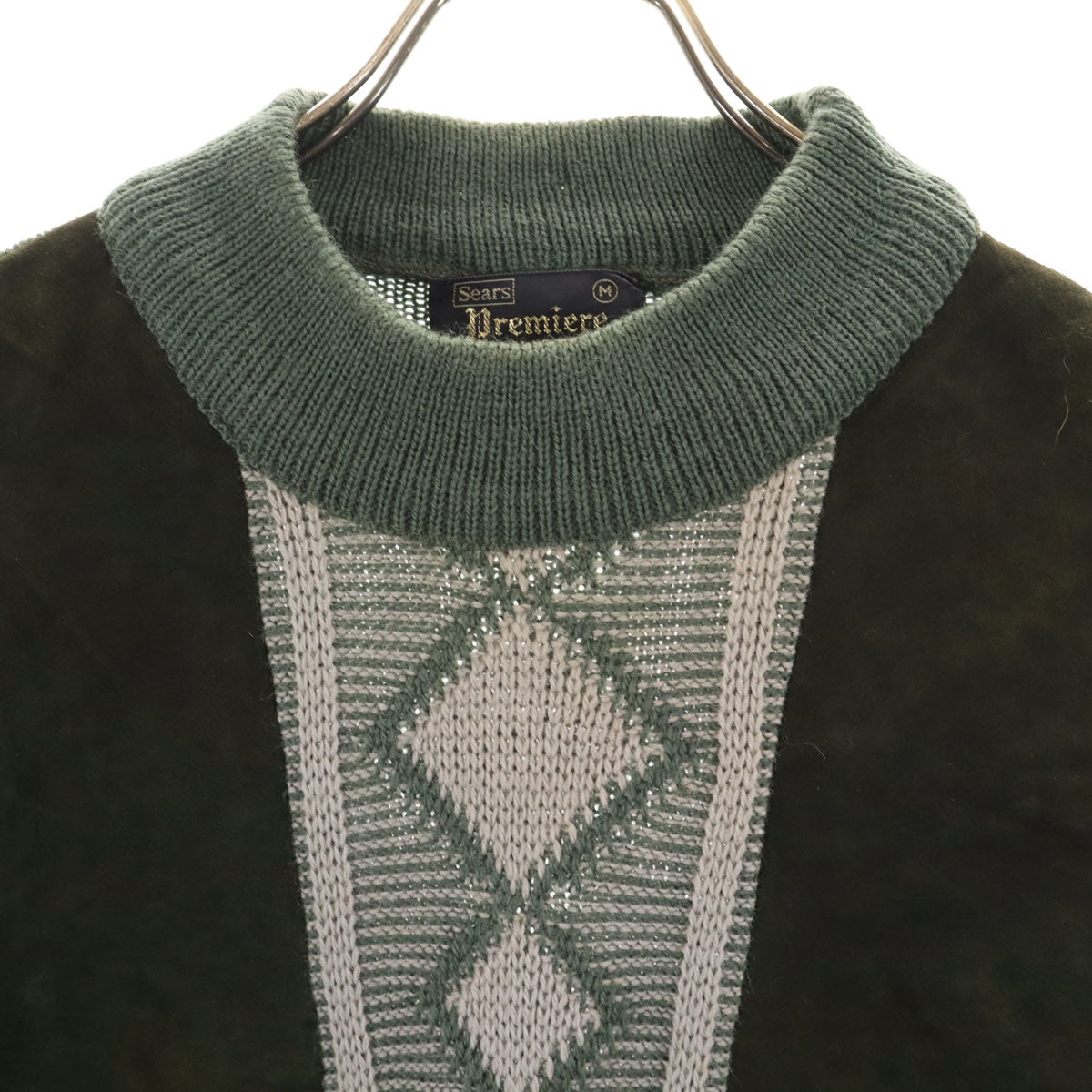 Sears シアーズ 70s ヴィンテージ 長袖 スエードレザー切替 セーター M カーキ ニット メンズ