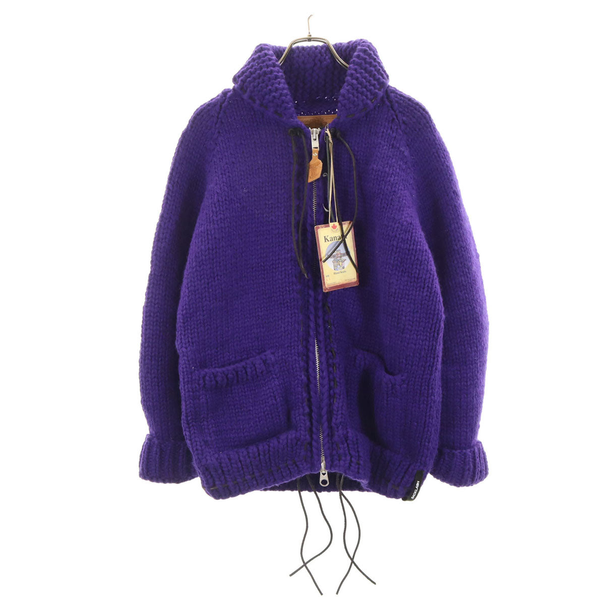美品 ISAMU KATAYAMA BACKLASH イサムカタヤマ バックラッシュ KANATA カナタ コラボ カナダ製 バックロゴ ニットジャケット 44 パープル カウチン メンズ