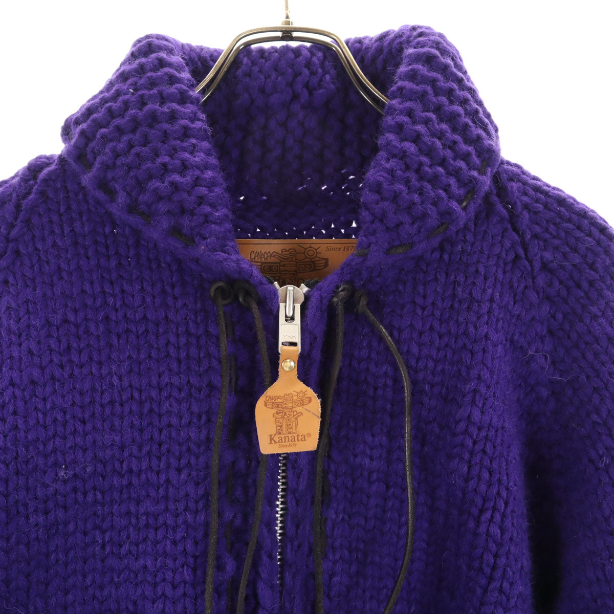美品 ISAMU KATAYAMA BACKLASH イサムカタヤマ バックラッシュ KANATA カナタ コラボ カナダ製 バックロゴ ニットジャケット 44 パープル カウチン メンズ