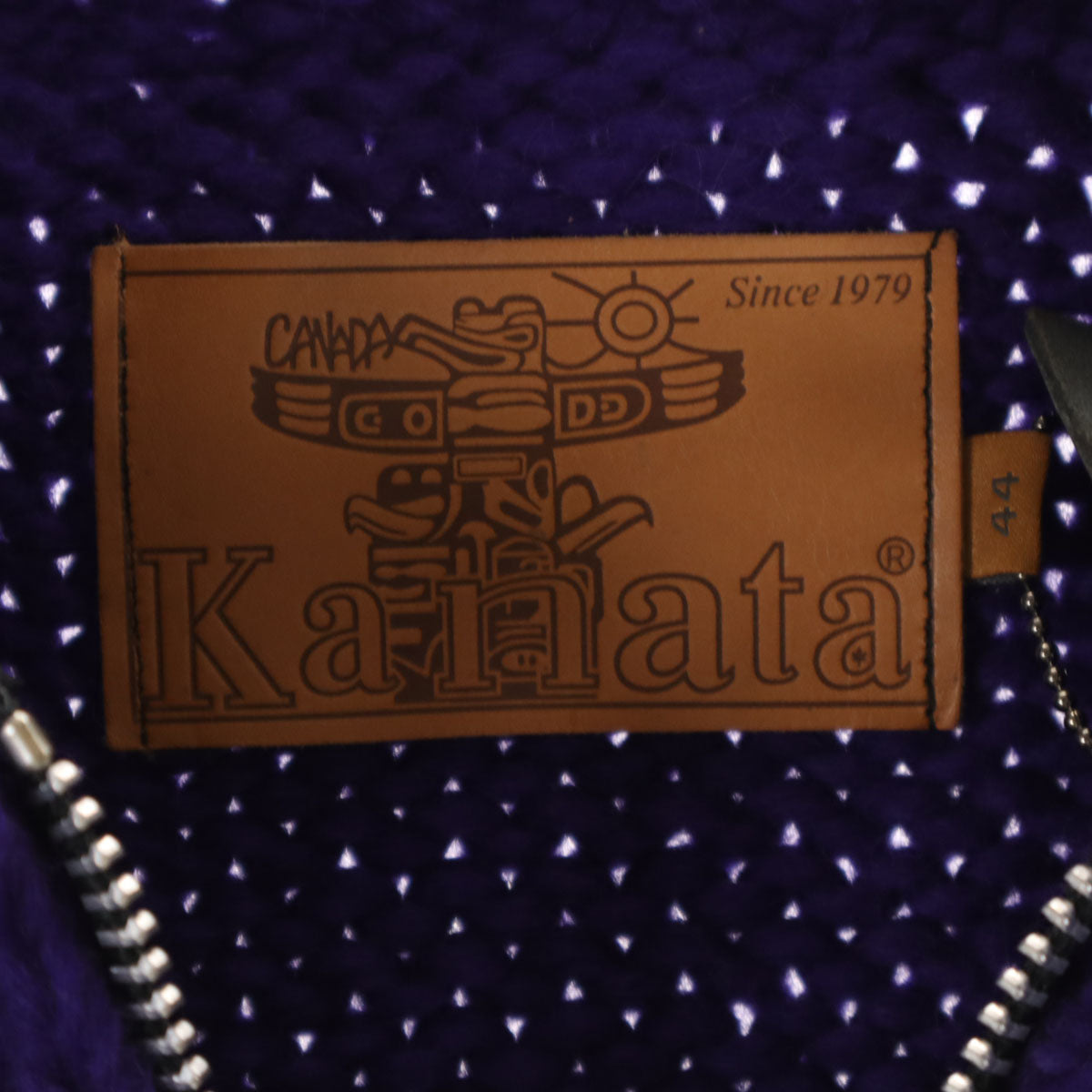 美品 ISAMU KATAYAMA BACKLASH イサムカタヤマ バックラッシュ KANATA カナタ コラボ カナダ製 バックロゴ ニットジャケット 44 パープル カウチン メンズ