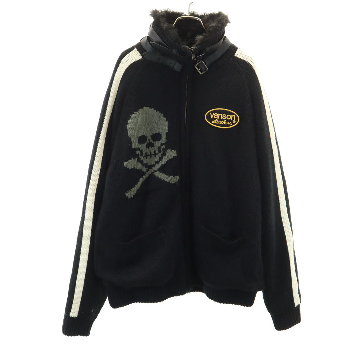 VANSON Cottons バンソンコットンズ バックスカル ニットジャケット XL ブラック 裏フェイクファー メンズ