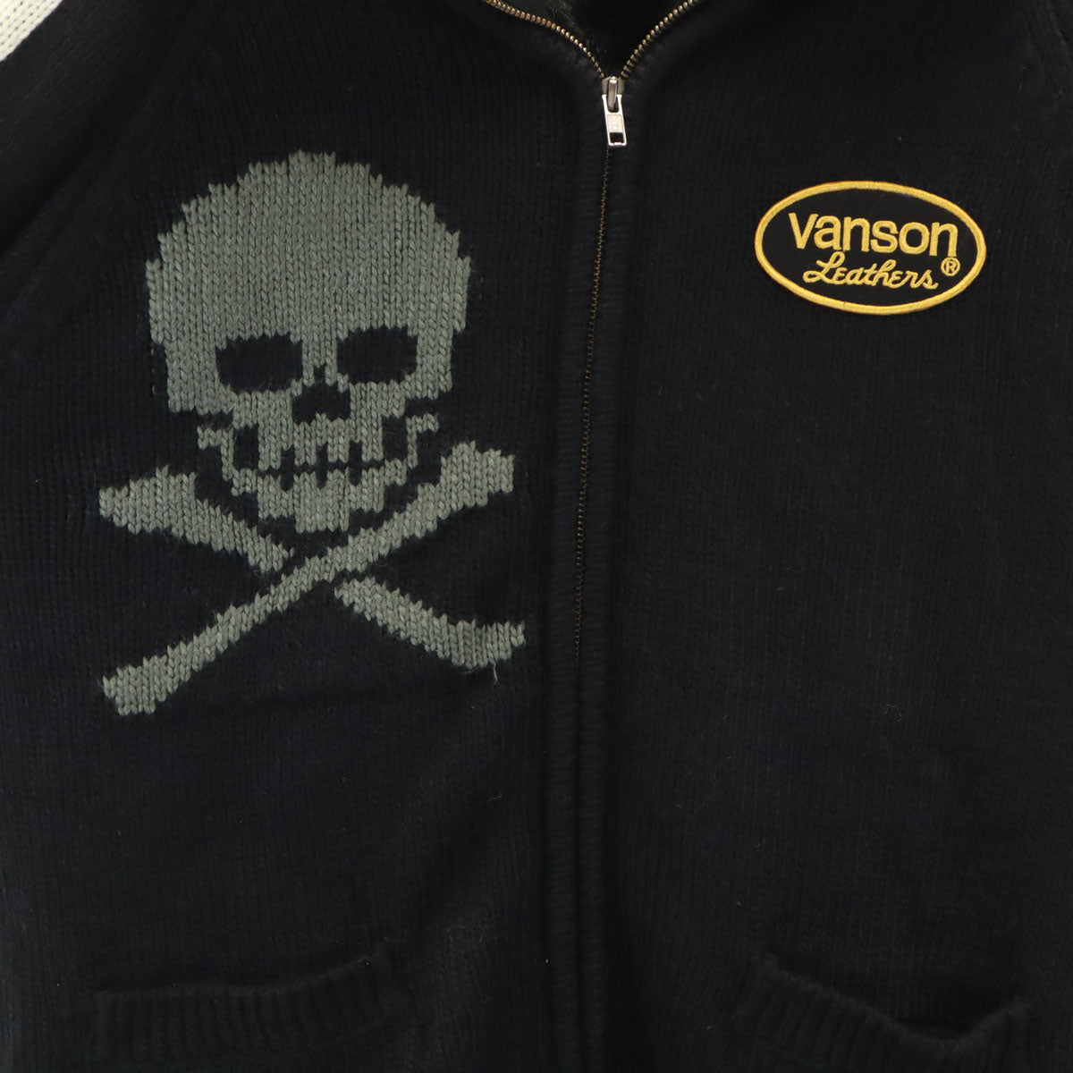 VANSON Cottons バンソンコットンズ バックスカル ニットジャケット XL ブラック 裏フェイクファー メンズ