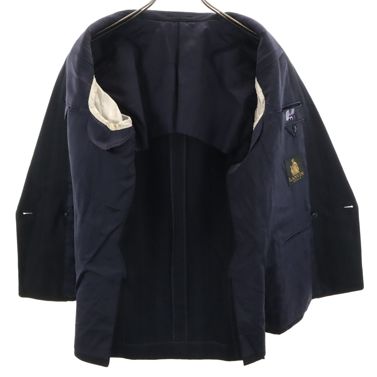 LANVIN ランバン 80s 90s シルクウールブレンド オールド ストライプ テーラードジャケット R46-44 ネイビー メンズ