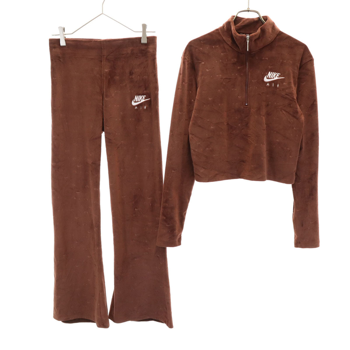 NIKE ナイキ 総ロゴ 長袖 ベロア ハーフジップ カットソー 上下 セットアップ L ブラウン レディース