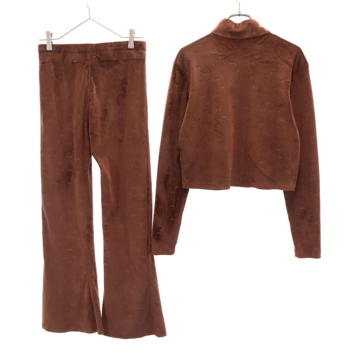 NIKE ナイキ 総ロゴ 長袖 ベロア ハーフジップ カットソー 上下 セットアップ L ブラウン レディース