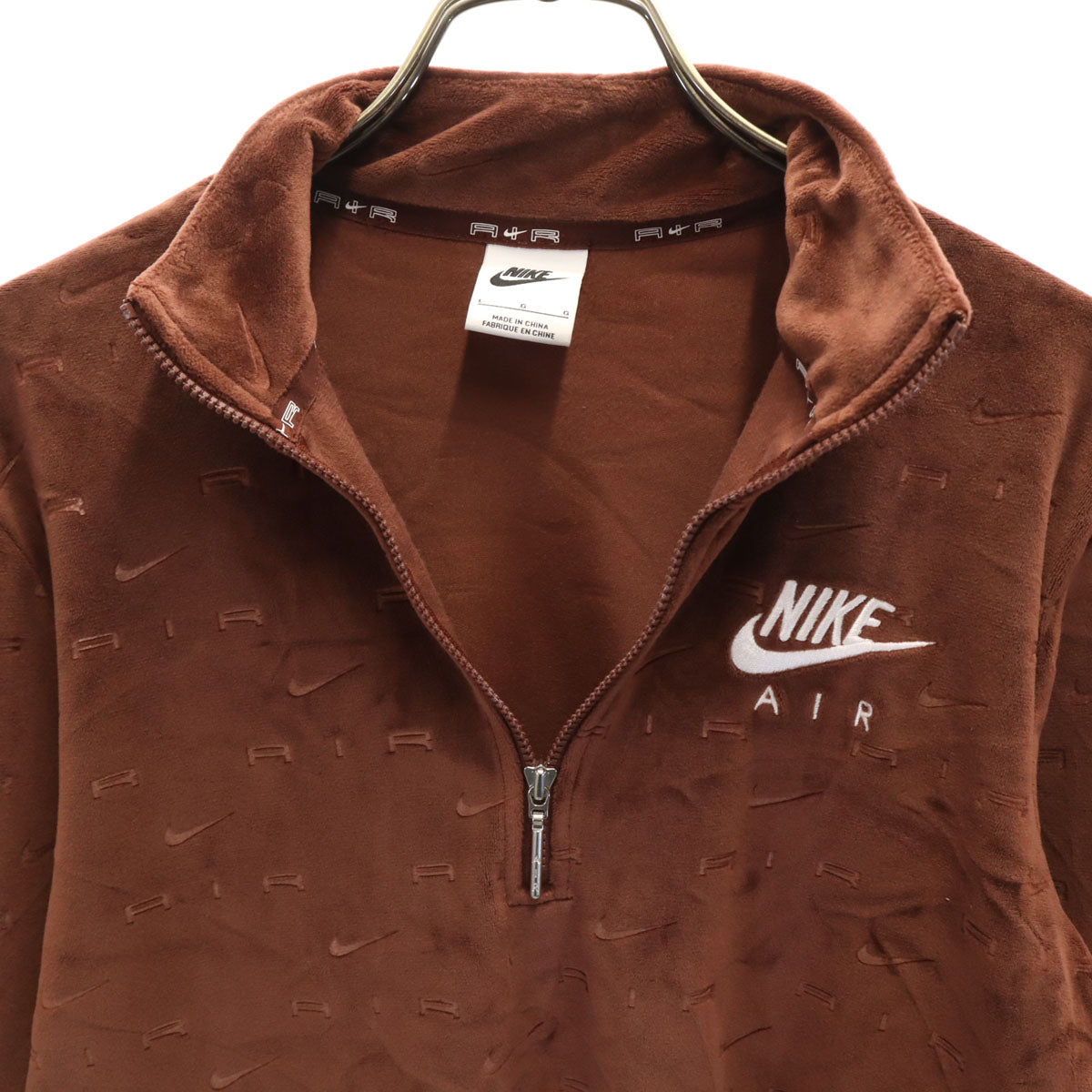 NIKE ナイキ 総ロゴ 長袖 ベロア ハーフジップ カットソー 上下 セットアップ L ブラウン レディース