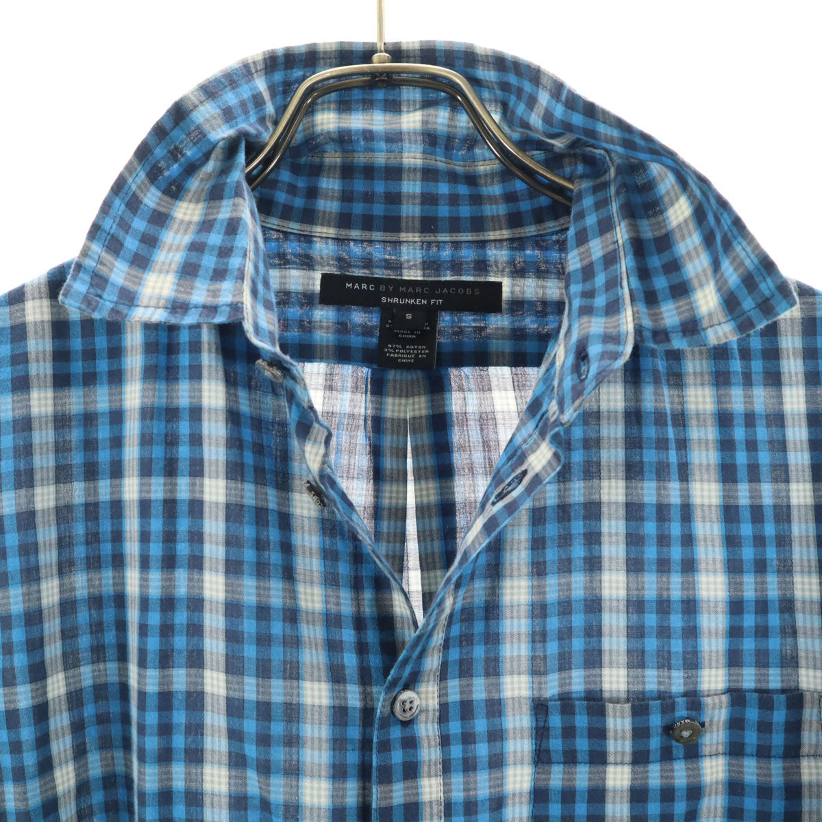 MARC BY MARC JACOBS マークバイマークジェイコブス チェック柄 長袖 SHRUNKEN FIT シャツ S ブルー ロールアップ袖 レディース