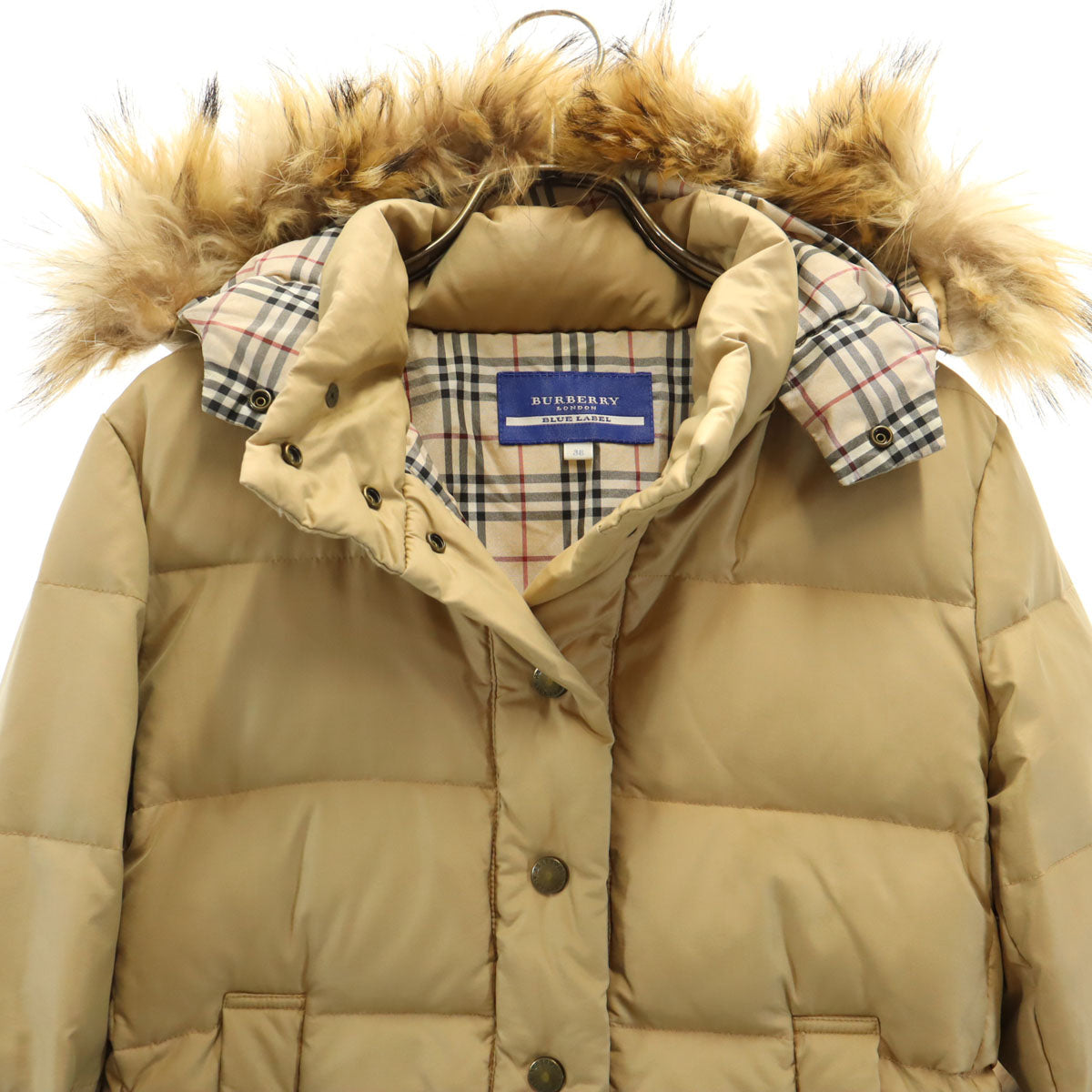 BURBERRY LONDON BLUE LABEL バーバリー ロンドン ブルーレーベル ダウンジャケット 38 ベージュ ラクーンファー付き レディース