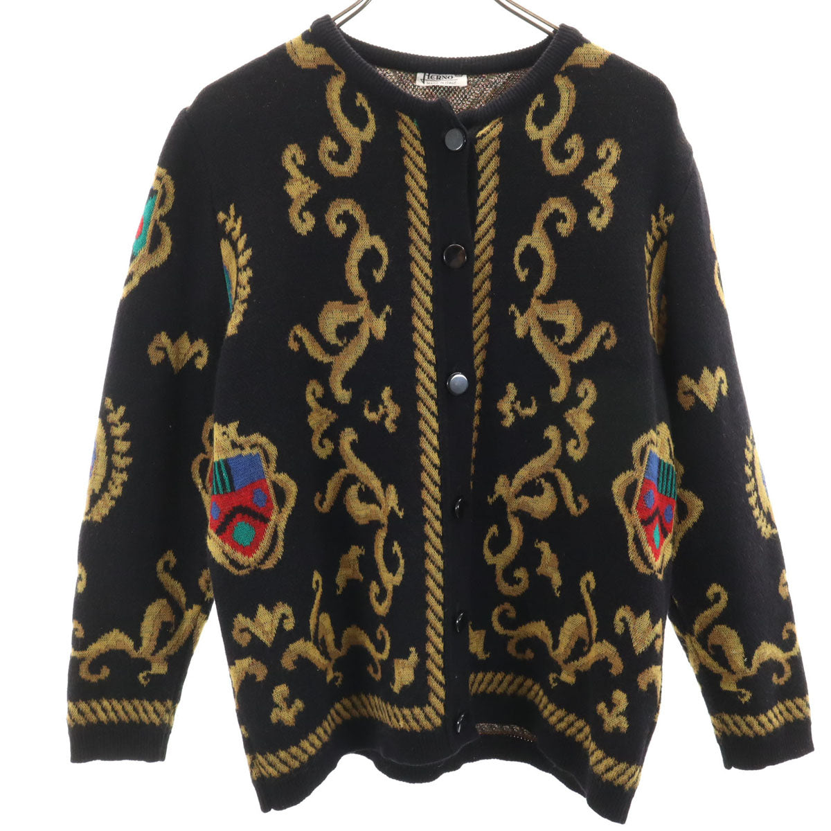 Herno ヘルノ 90s イタリア製 ウールブレンド オールド 長袖 ニットカーディガン 46 ブラック ストール付き レディース
