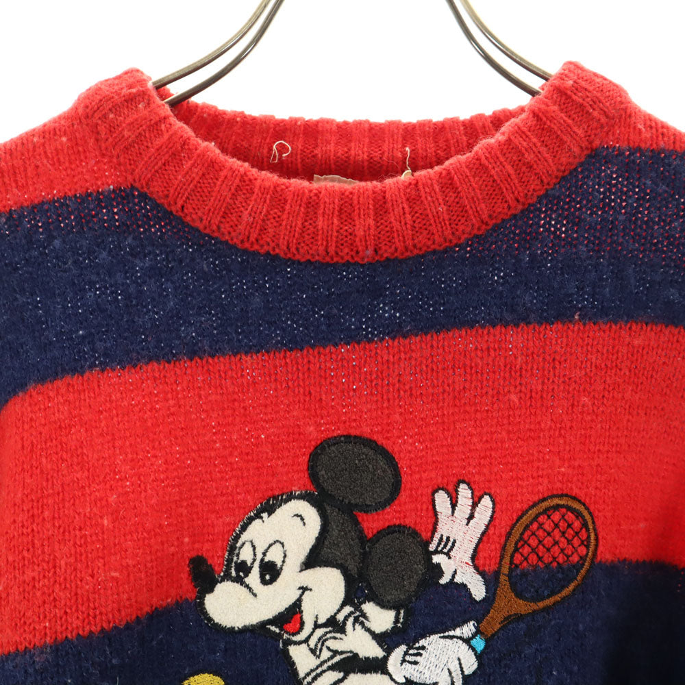 ウォルトディズニープロダクション 80s 90s ウールブレンド オールド ボーダー柄 長袖 セーター 赤×ネイビー American World ニット ミッキーマウス メンズ