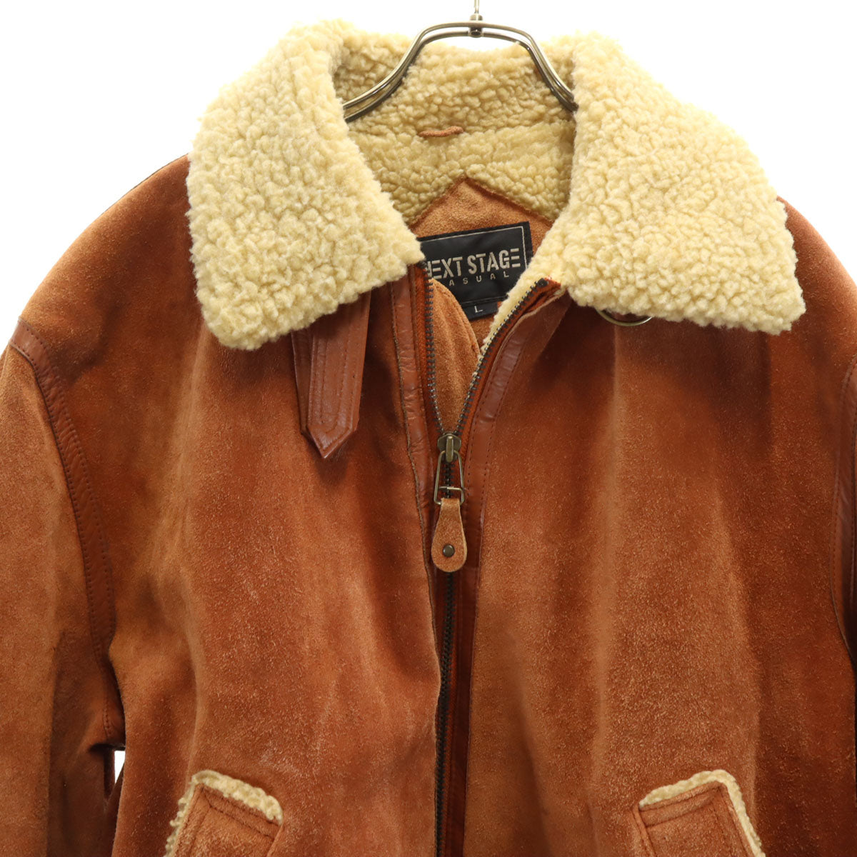 NEXT STAGE ネクストステージ 牛革 フェイク ムートンジャケット L ブラウン 中綿 裏ボア ボマー メンズ