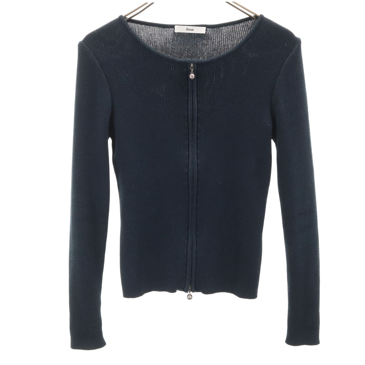 Rene ルネ 日本製 長袖 ジップアップ リブ ニットカーディガン 38 ネイビー レディース