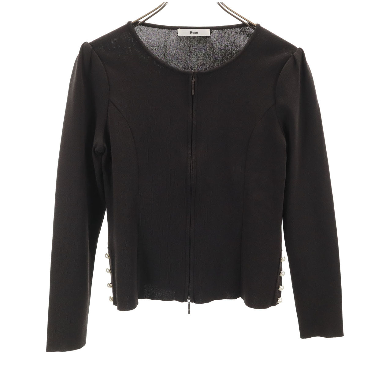 Rene ルネ 日本製 長袖 フルジップ ニットカーディガン 38 チャコール レディース