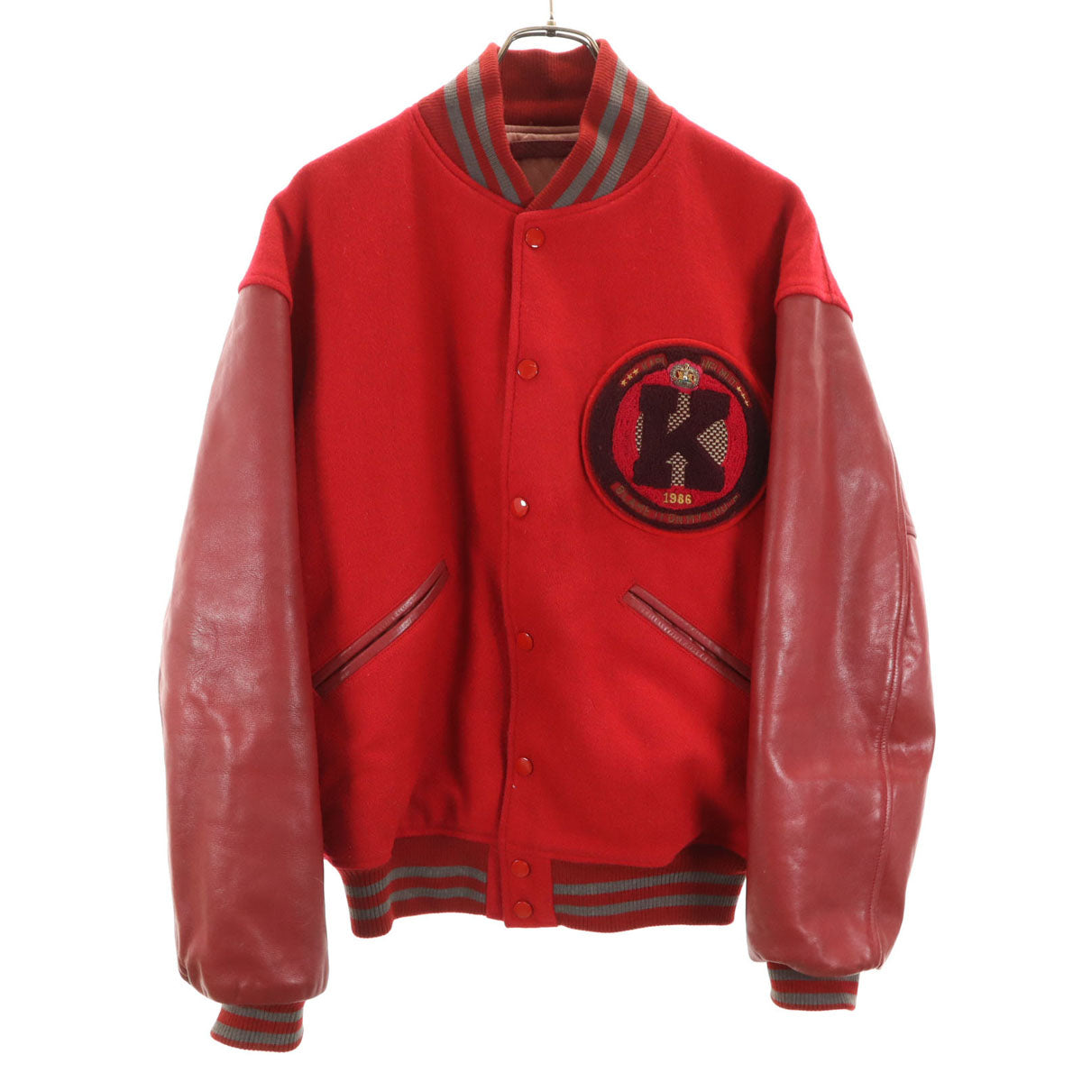 Karl Helmut カールヘルム レタードワッペン 牛革レザー切替 スタジャン M レッド 中綿 ジャケット メンズ