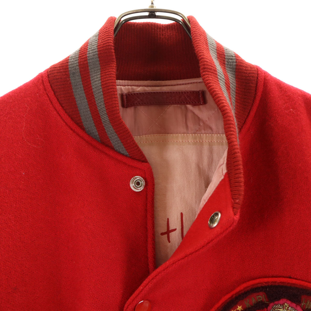 Karl Helmut カールヘルム レタードワッペン 牛革レザー切替 スタジャン M レッド 中綿 ジャケット メンズ