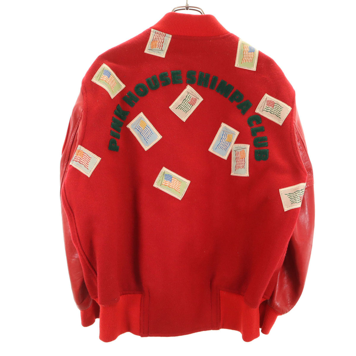 PINK HOUSE ピンクハウス ワッペン 牛革レザー切替 スタジャン レッド ジャケット レディース