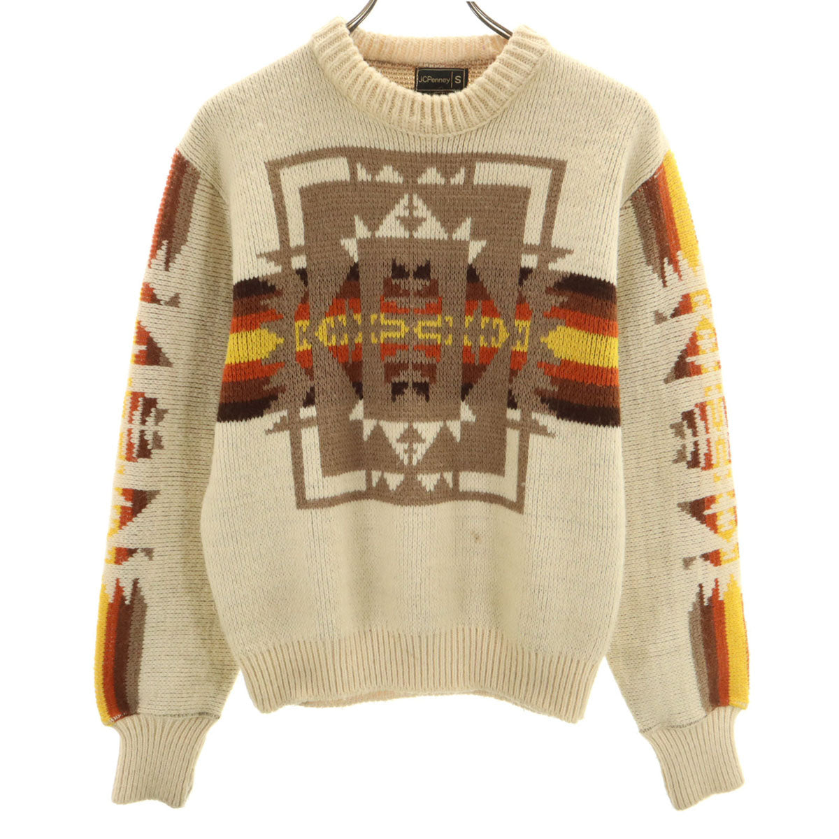 JCPenney ジェイシーペニー 80s ヴィンテージ ネイティブ柄 長袖 セーター S ベージュ ニット メンズ