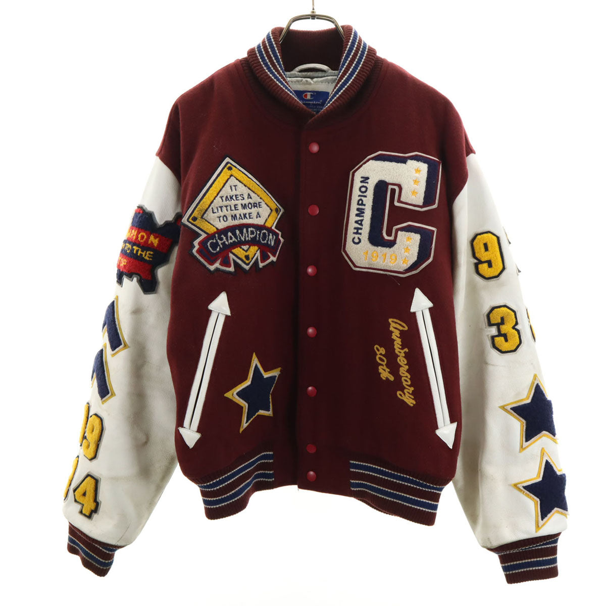 Champion チャンピオン レタードワッペン 牛革レザー切替 スタジャン L ボルドー メンズ