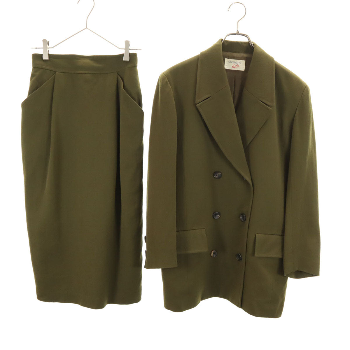 GIVENCHY Life ジバンシィライフ 90s ウール100％ オールド スカートスーツ 上下 セットアップ 11号 オリーブ レディース