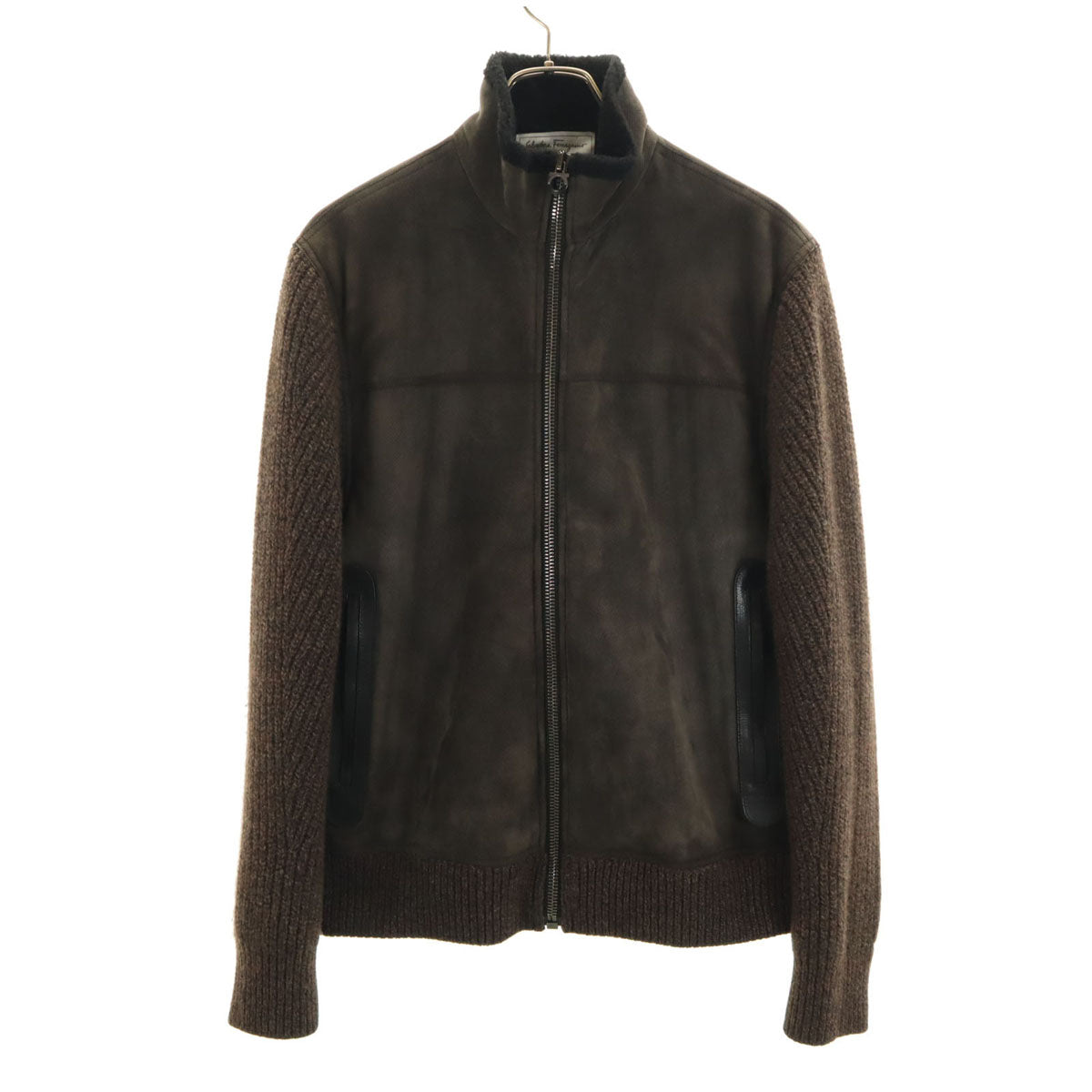 SalvatoreFerragamo サルバトーレフェラガモ イタリア製 ウールブレンド レザー切替 ニットジャケット M ブラウン メンズ