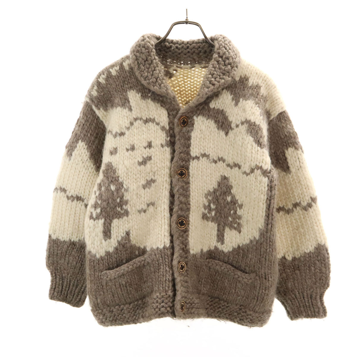 90s カナダ製 オールド ツリー ベア柄 ショールカラー カウチンジャケット アイボリー メープルボタン クマ メンズ