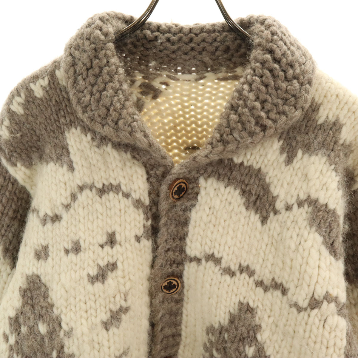 90s カナダ製 オールド ツリー ベア柄 ショールカラー カウチンジャケット アイボリー メープルボタン クマ メンズ