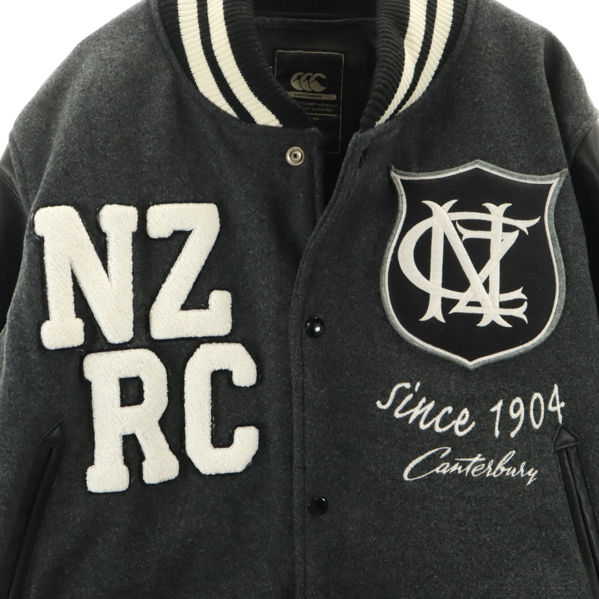 CANTERBURY OF NEW ZEALAND カンタベリー ウールブレンド ラグビー 袖レザー切替 スタジャン L グレー メンズ