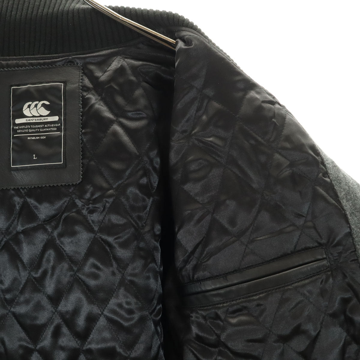 CANTERBURY OF NEW ZEALAND カンタベリー ウールブレンド ラグビー 袖レザー切替 スタジャン L グレー メンズ