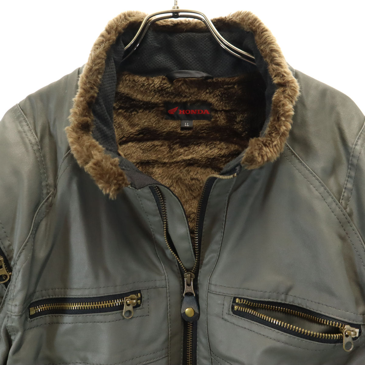 HONDA ホンダ バイク オイルコーティング加工 ライディング ジャケット LL カーキ 中綿 裏ファー プロテクター付き メンズ