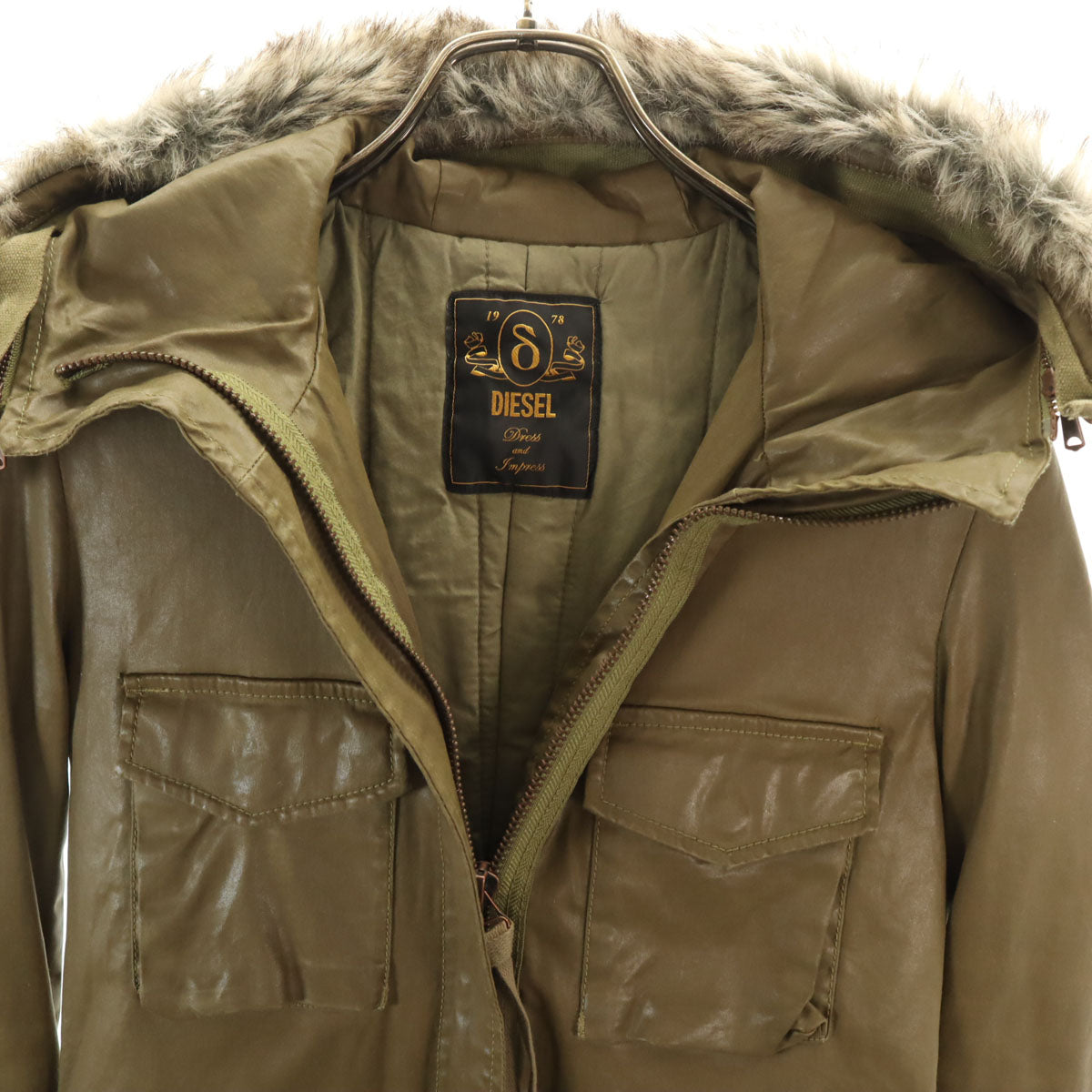 DIESEL ディーゼル フェイクレザー コート XS カーキ レディース