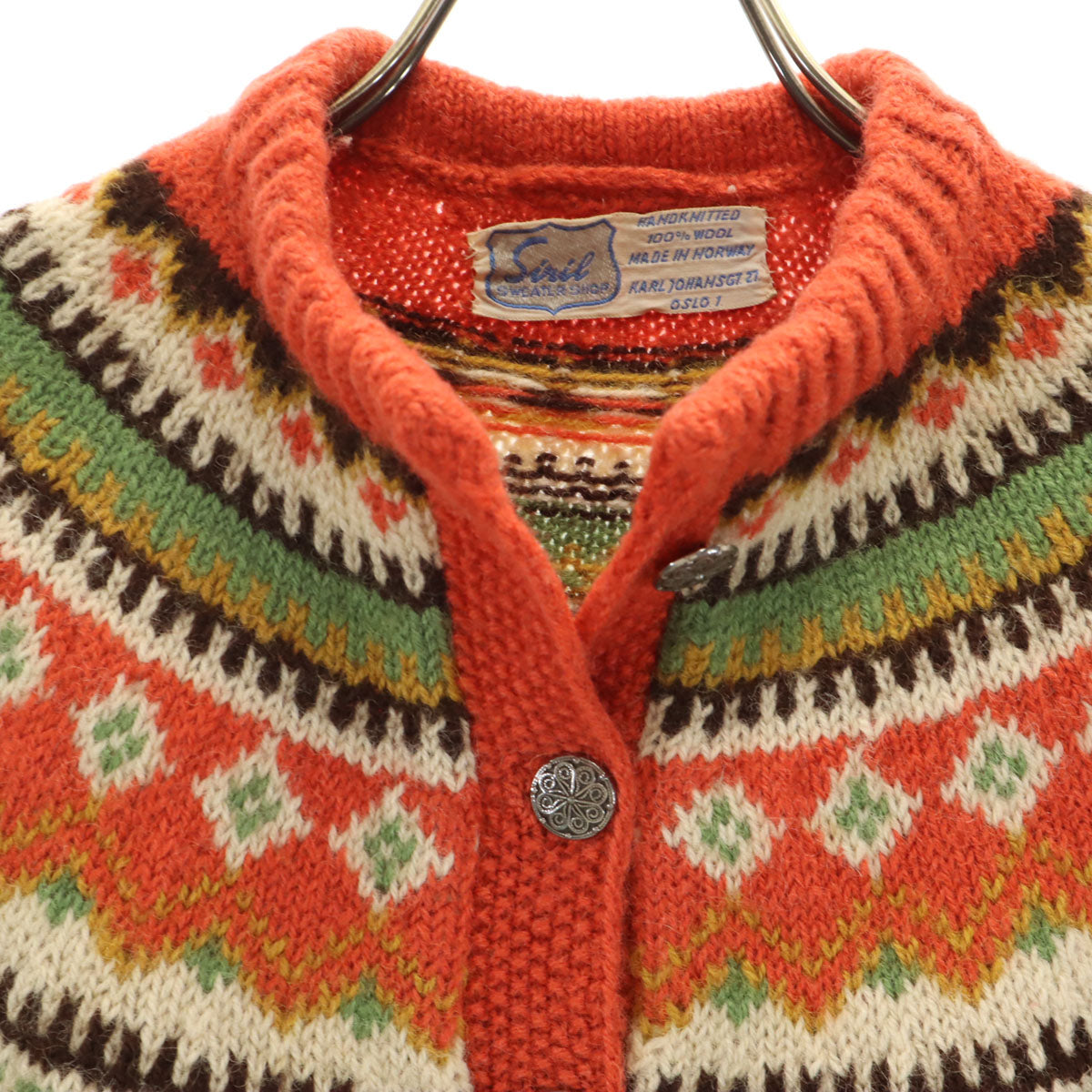 Siril SWEATER SHOP 80s ヴィンテージ フェアアイル柄 長袖 ニットカーディガン オレンジ レディース
