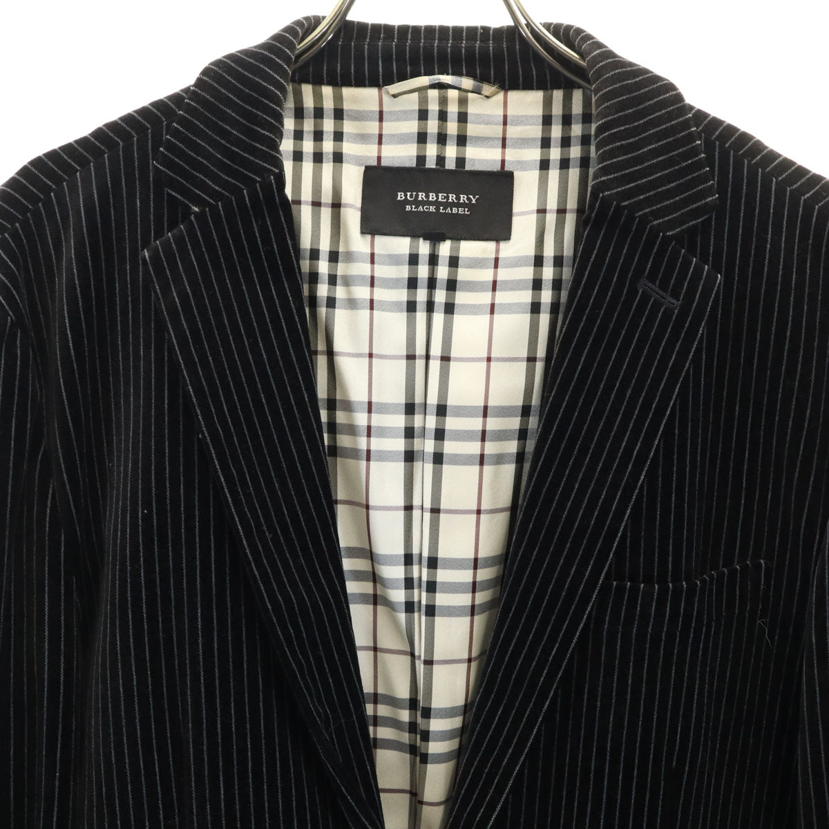 BURBERRY BLACK LABEL バーバリーブラックレーベル ストライプ柄 ベロア テーラードジャケット M ブラック 三陽商会 メンズ