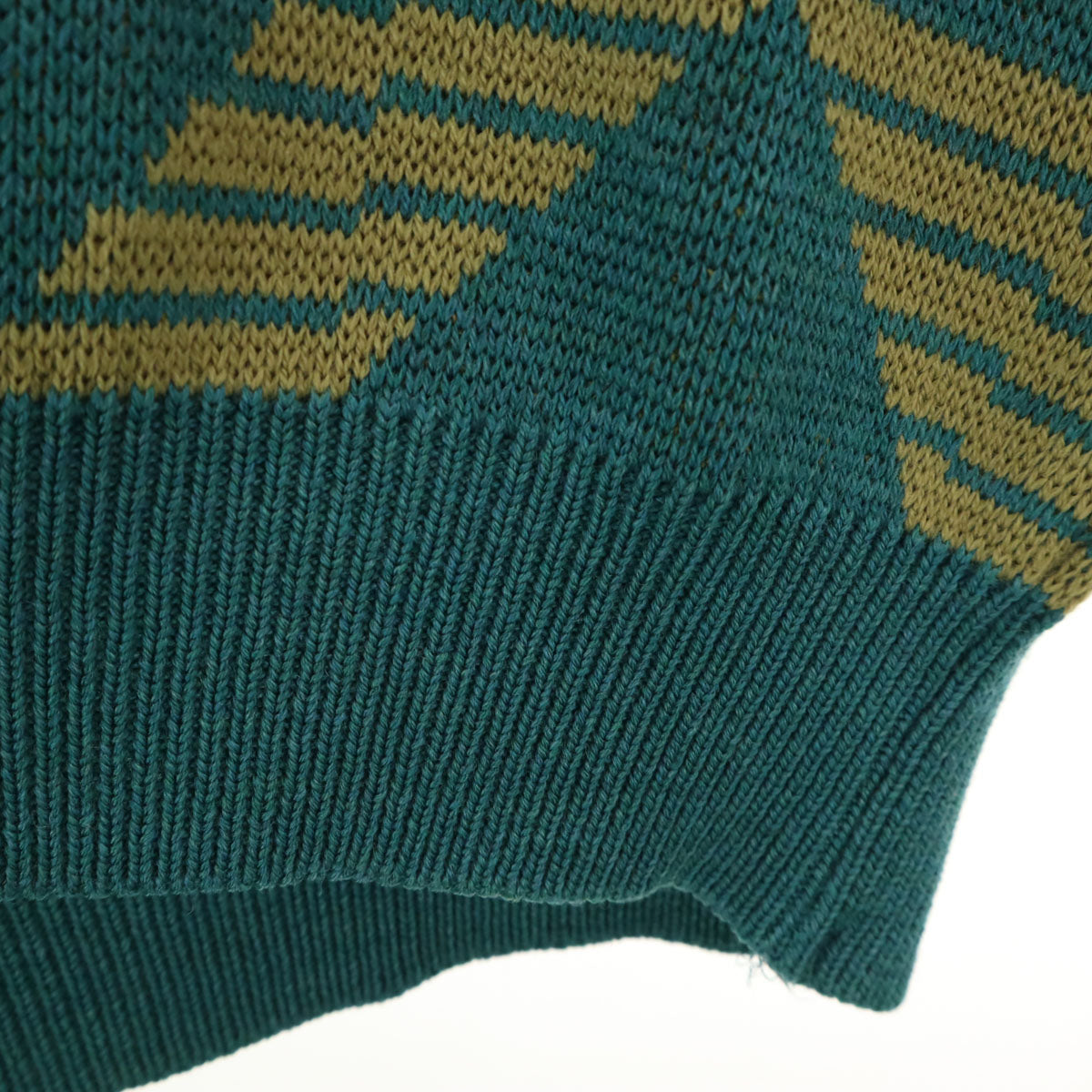 YVES SAINT LAURENT イヴサンローラン 90s オールド 幾何学柄 長袖 Vネック セーター M 青緑 ニット レディース