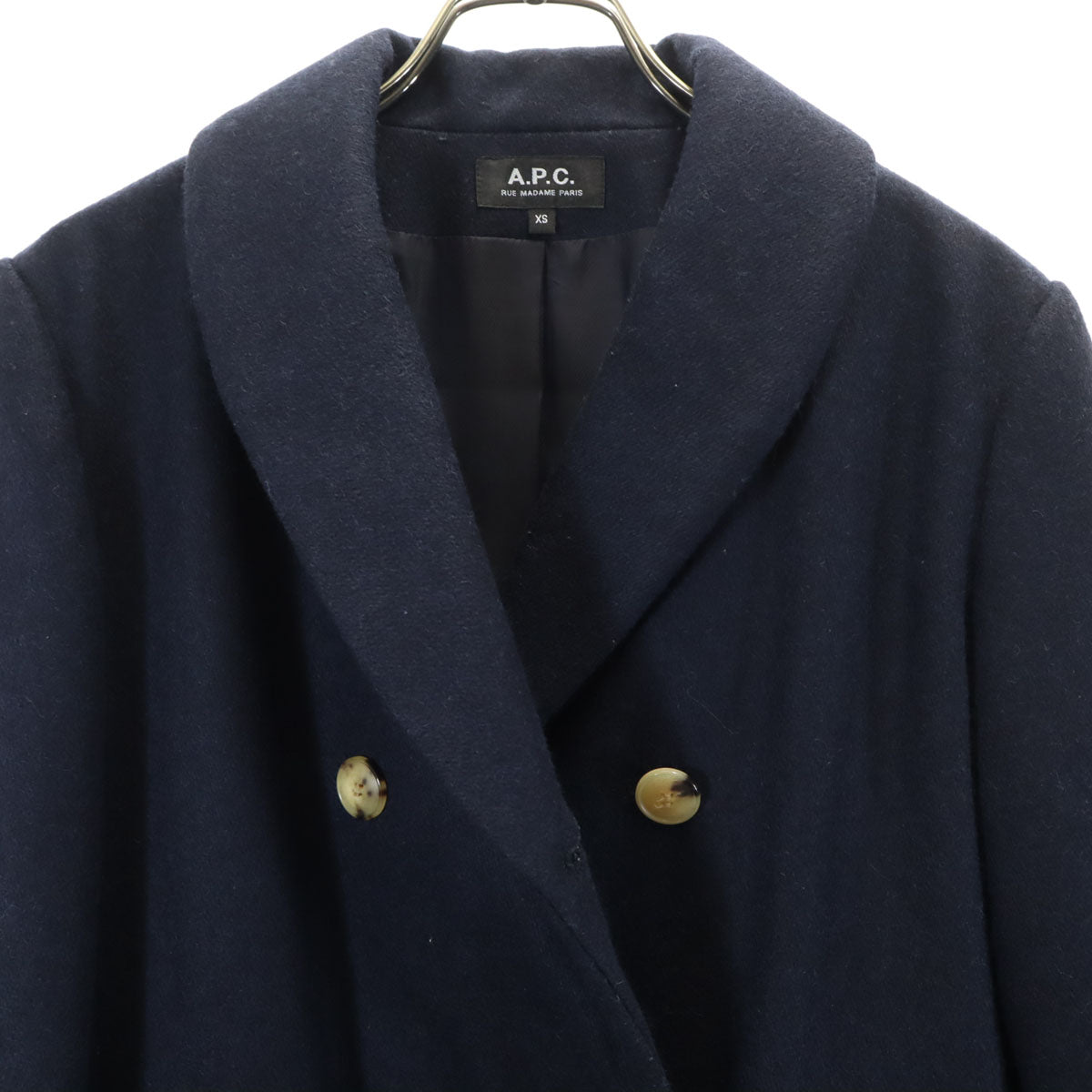 美品 A.P.C. アーペーセー ショールカラー ダブルブレスト ウールコート XS ネイビー レディース
