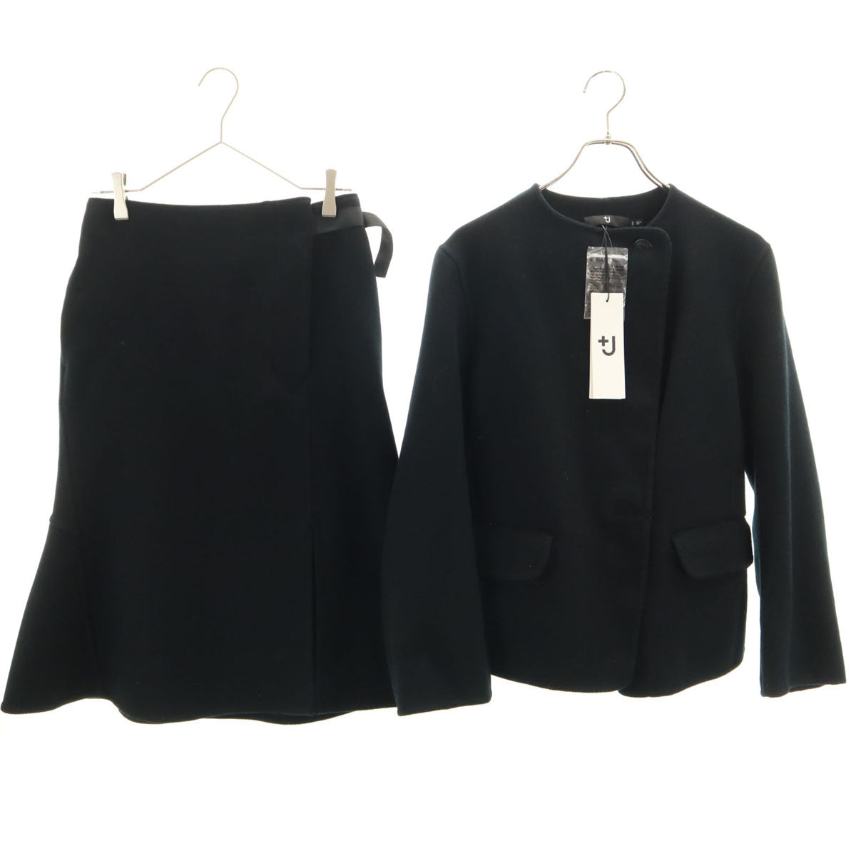 未使用 UNIQLO +J ユニクロ プラスジェイ ダブルフェイス ノーカラー ジャケット 上下 セットアップ S/64 ブラック レディース
