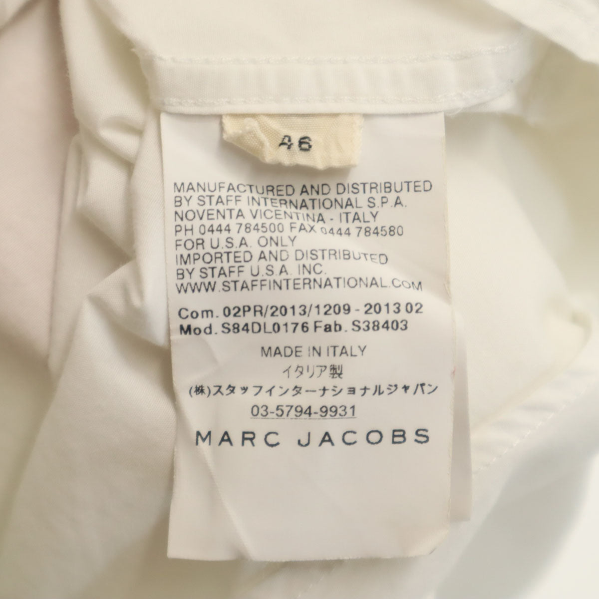 MARC JACOBS マークジェイコブス 2013年 イタリア製 長袖 コットンシャツ 46 ホワイト メンズ